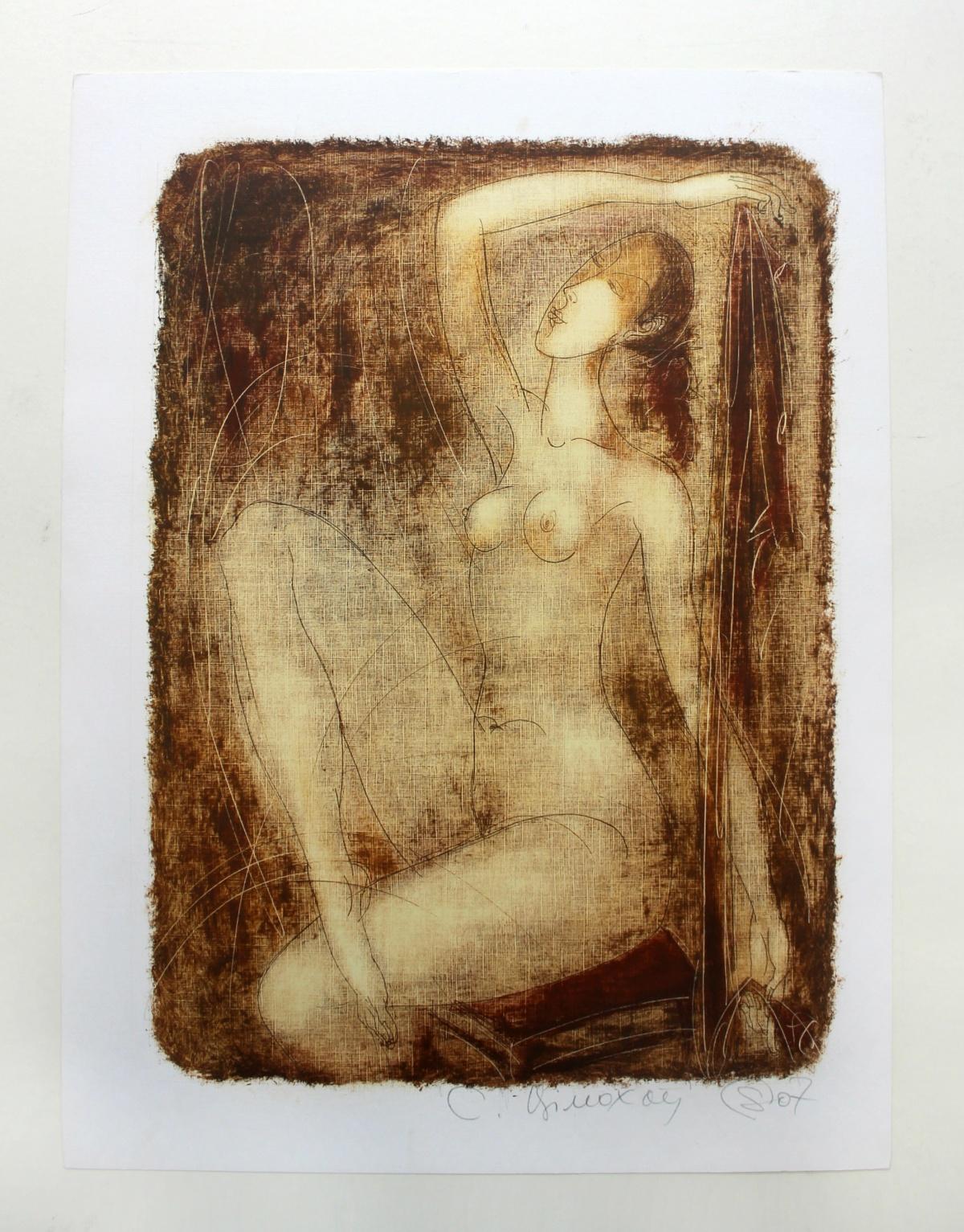 Nude with raised hand - XXI Century, Figurative Monotype Print, Monochromatic - Brown Nude Print by Siergiej Timochow