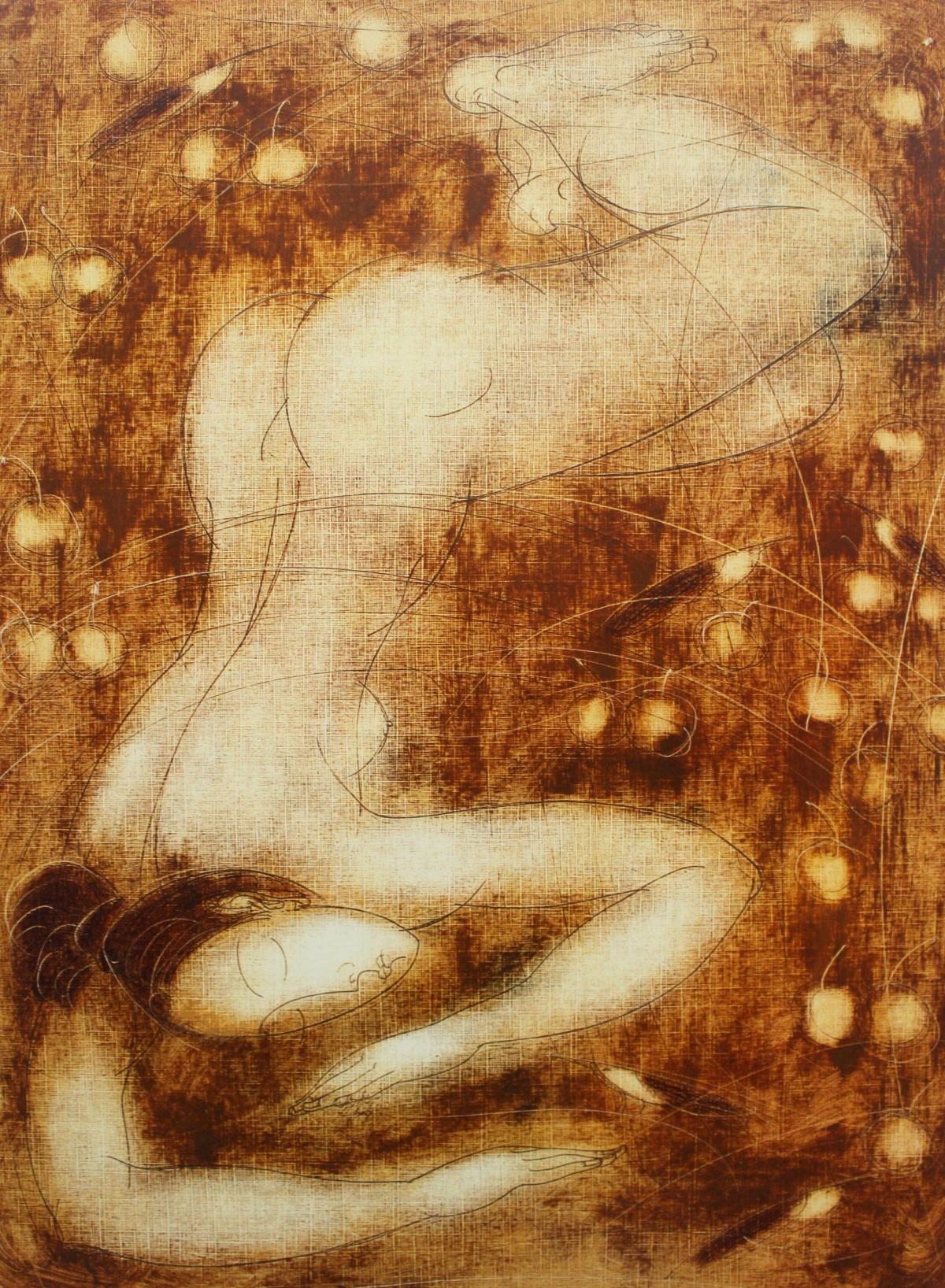 Nude with birds - XXI Century, Figurative Monotype Print, Monochromatic