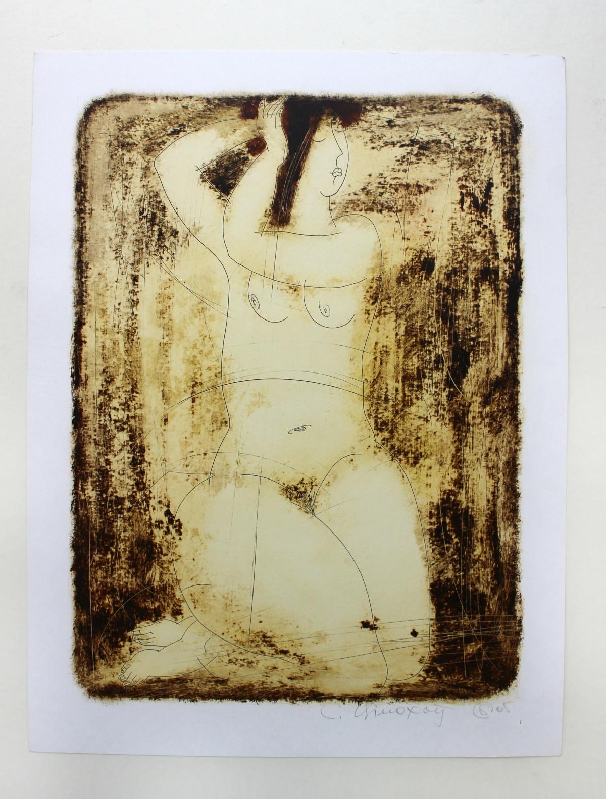 Nude  - XXI Century, Figurative Monotype Print, Monochromatic - Brown Nude Print by Siergiej Timochow