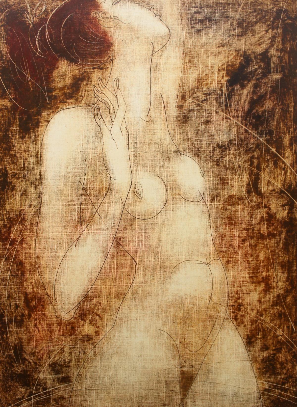 Siergiej Timochow Figurative Print - Nude with raised head - XXI Century, Figurative Monotype Print, Monochromatic