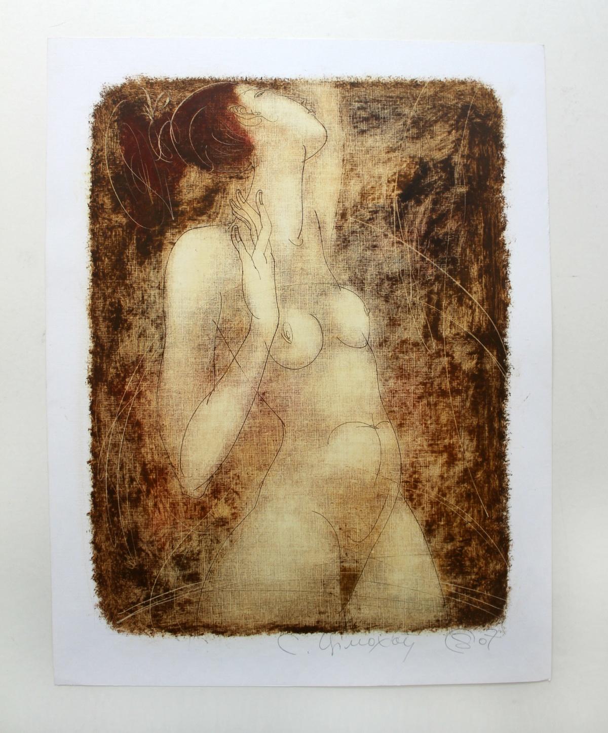 Nude with raised head - XXI Century, Figurative Monotype Print, Monochromatic - Brown Figurative Print by Siergiej Timochow