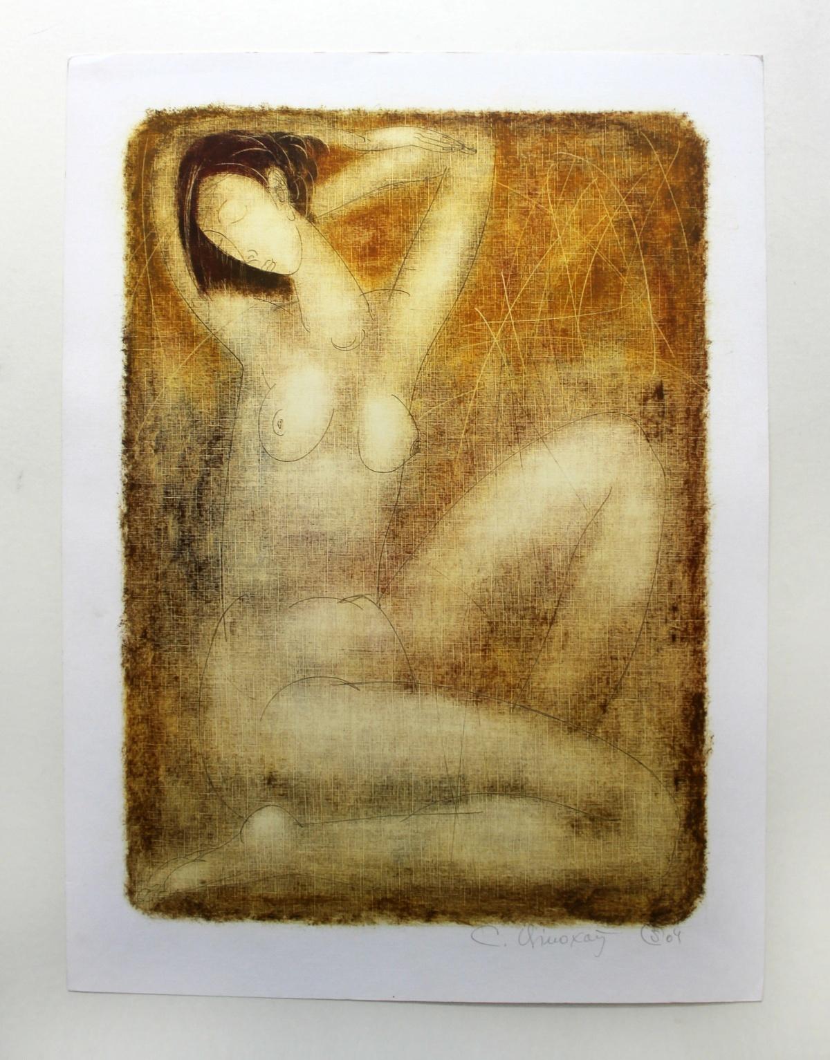 Nude - XXI Century, Figurative Monotype Print, Monochromatic - Brown Figurative Print by Siergiej Timochow