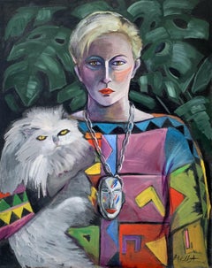 Selfportrait with persian cat - Contemporary figurative colourful oil painting