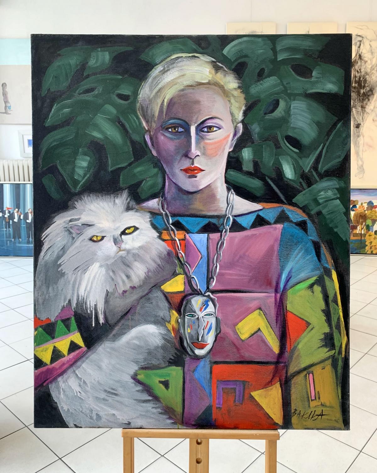 Autoritratto con gatto persiano - Quadro figurativo contemporaneo ad olio colorato - Art di Hanna Bakuła