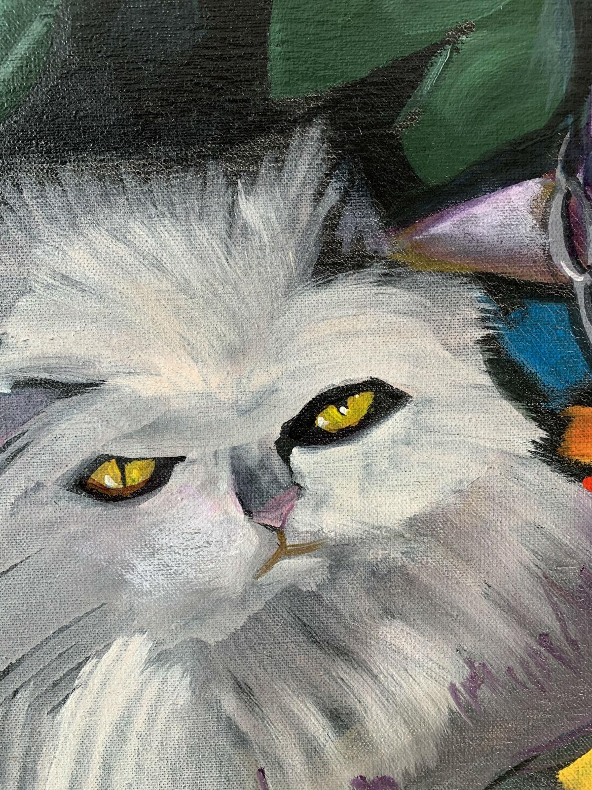 Selfportrait avec chat persan - Peinture à l'huile figurative contemporaine colorée en vente 1