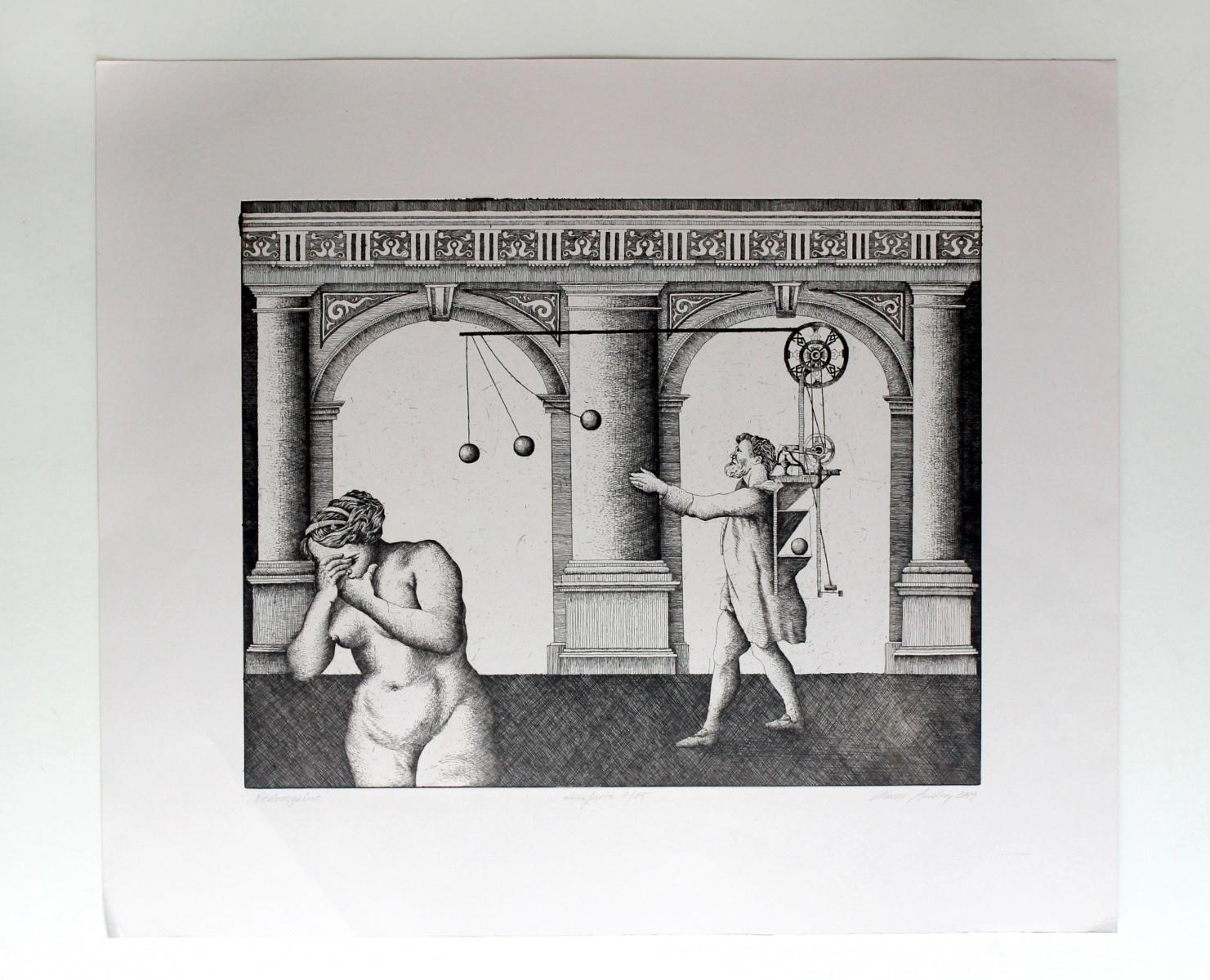 Inalcanzable - Siglo XXI, Grabado al aguafuerte, Figurativo, Surrealista - Figurative Print Gris de Andrzej Mazur