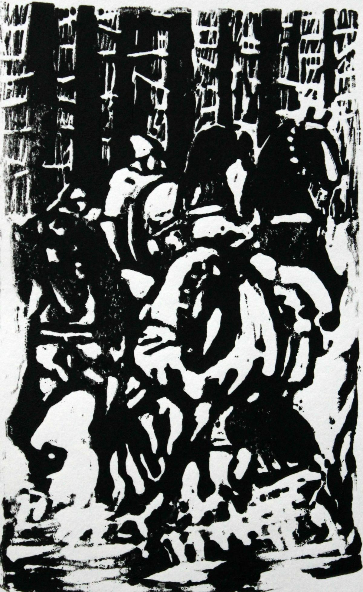 Pferde – XX. Jahrhundert, Holzschnittdruck, Schwarz und Weiß, figurativ-abstrakiert
