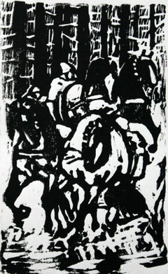 Horses - XX century, Woodcut print, Black and white, Figurative-abstract