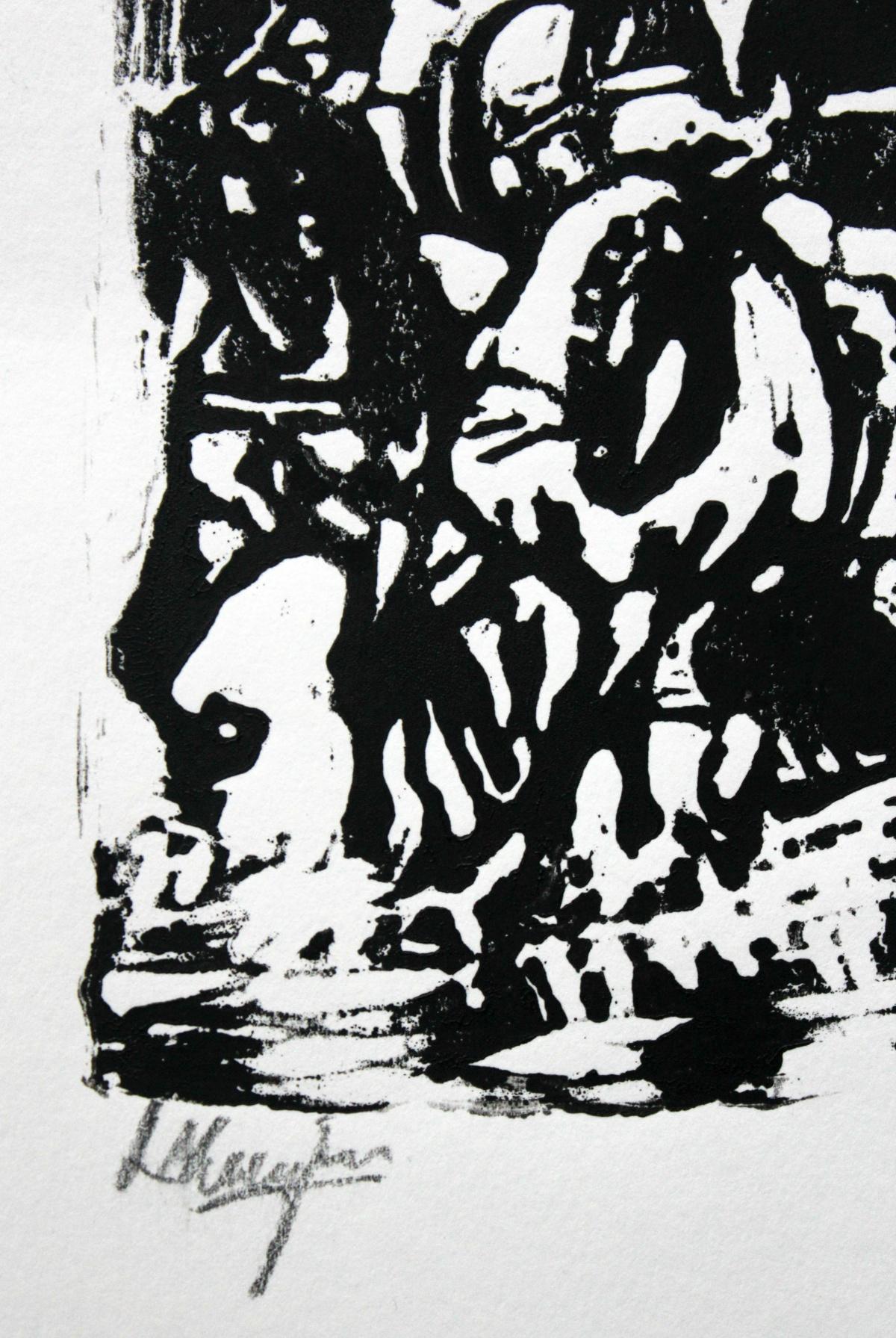 Pferde – XX. Jahrhundert, Holzschnittdruck, Schwarz und Weiß, figurativ-abstrakiert – Print von Ludwik Maciąg