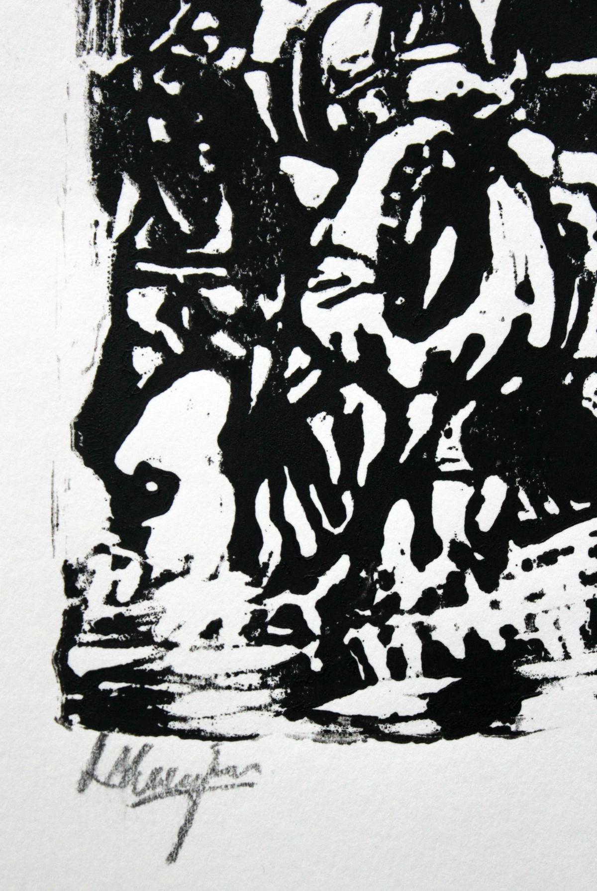 Horses - XX century, Woodcut print, Black and white, Figurative-abstract - Print by Ludwik Maciąg