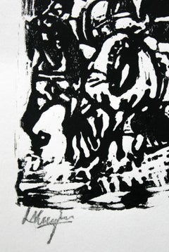 Horses - XX century, Woodcut print, Black and white, Figurative-abstract