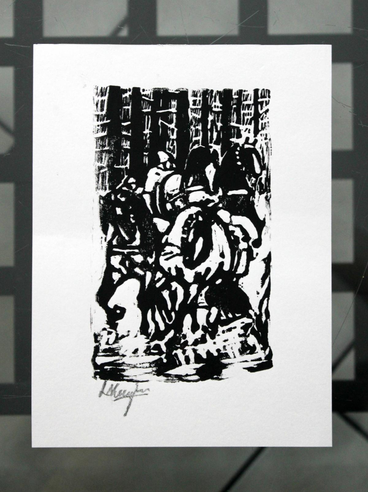 Pferde – XX. Jahrhundert, Holzschnittdruck, Schwarz und Weiß, figurativ-abstrakiert (Sonstige Kunststile), Print, von Ludwik Maciąg