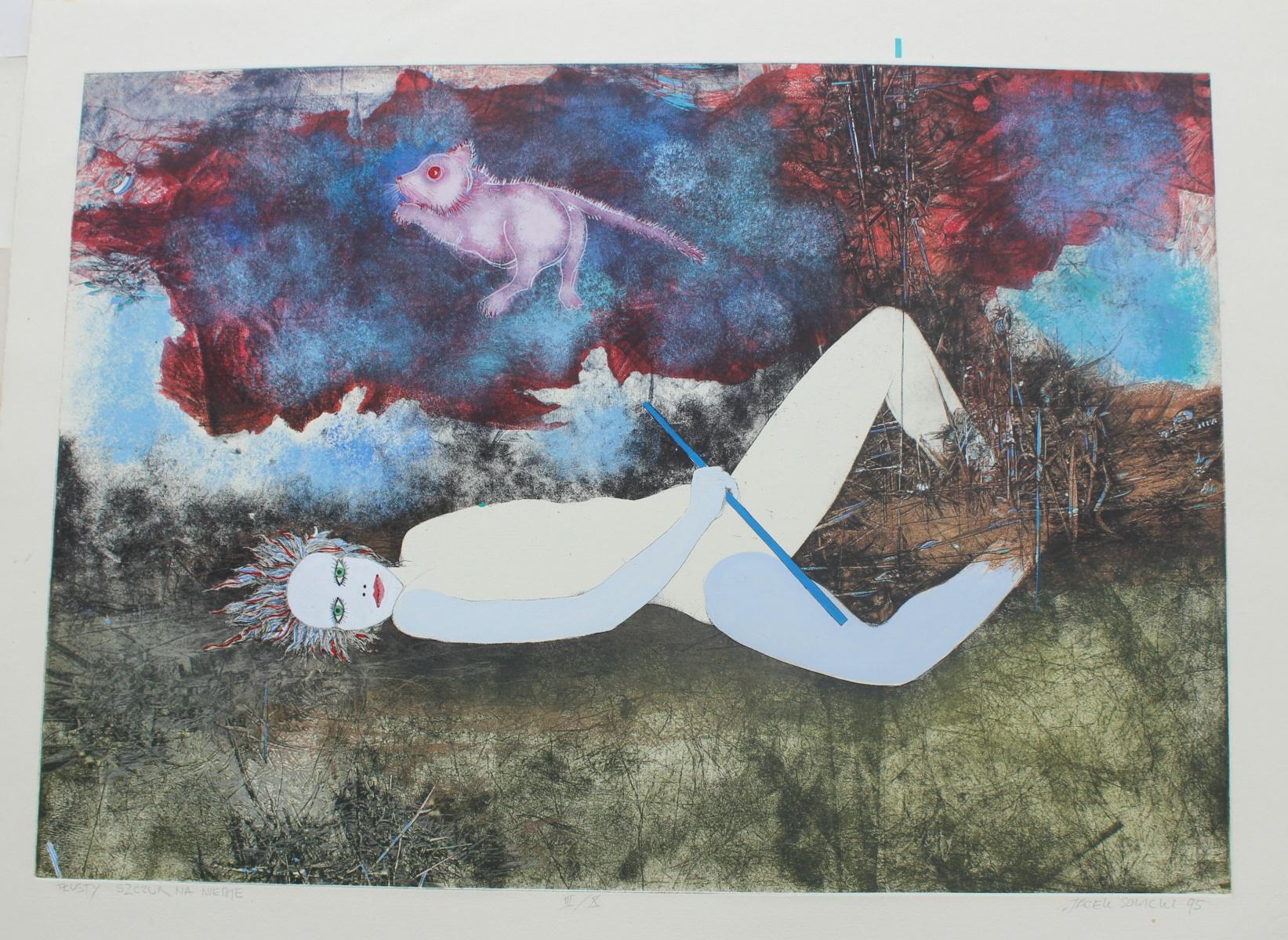 Rat in the sky - XX century, Mixed media print, Figurative, Nude - Print by Jacek Sowicki