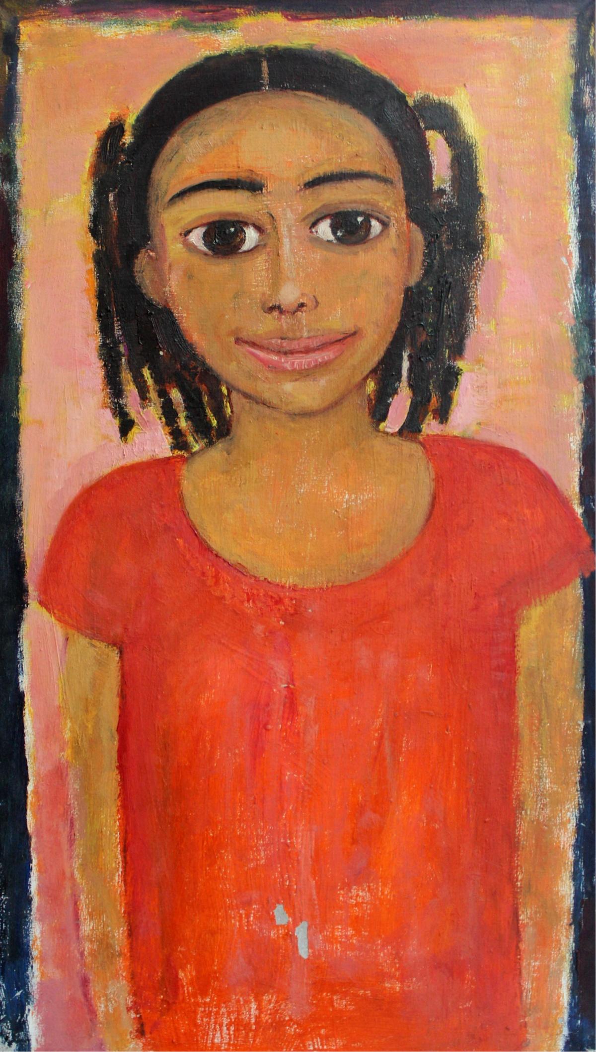 Figurative Painting de Marlena Nizio - Chica con vestido naranja - Siglo XXI, Pintura figurativa al óleo, Retrato
