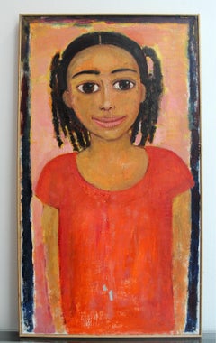 Girl in an orange dress - XXI century, Oil figurative painting, Portrait