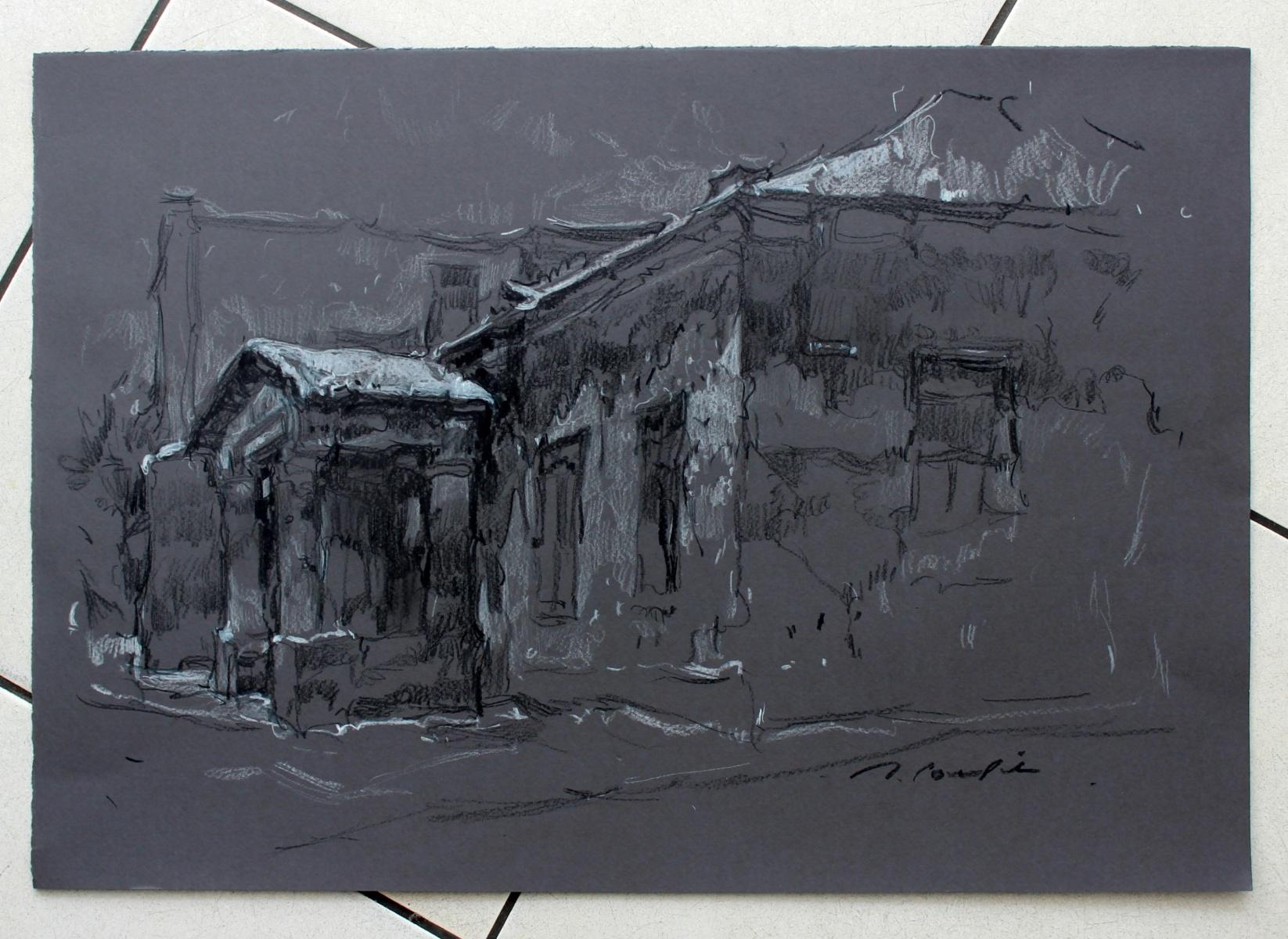 Opoczno - XXIe siècle, dessin de paysage figuratif, noir et blanc - Art de Józef Panfil