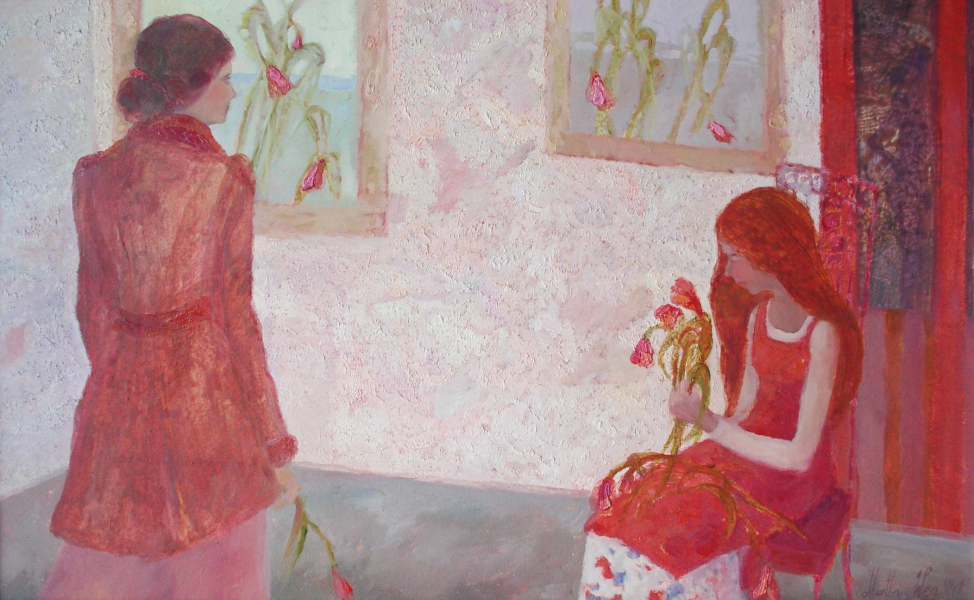 Girls with tulips - XXIe siècle, peinture figurative à l'huile, colorée, intérieur