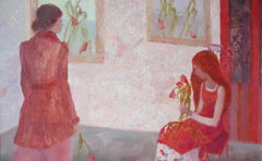 Girls with tulips - XXI century, Oil figurative painting, Colourful, Interior