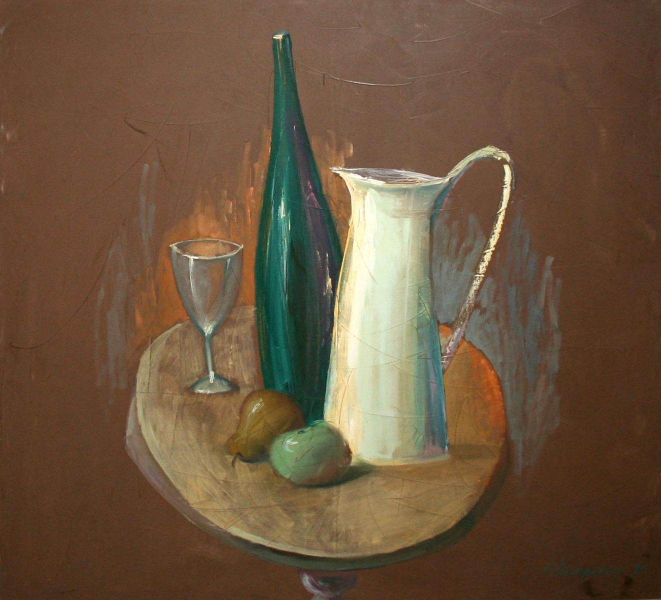 Alexandr Pietrenko Still-Life Painting - Pitcher and a bottle - XX century, Oil figurative painting, Still life