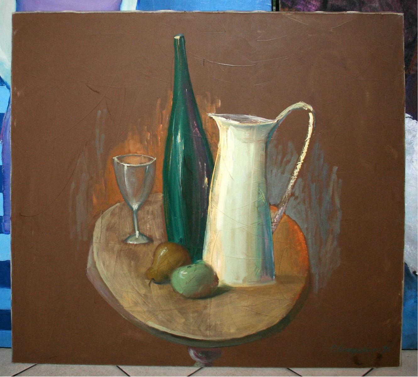 Pitcher and a bottle - XX century, Oil figurative painting, Still life - Painting by Alexandr Pietrenko