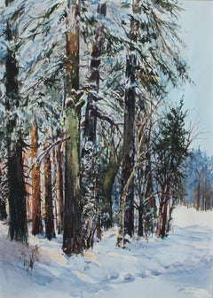 Winter landscape - XX Century, Watercolor Painting, Realistic View of Woods