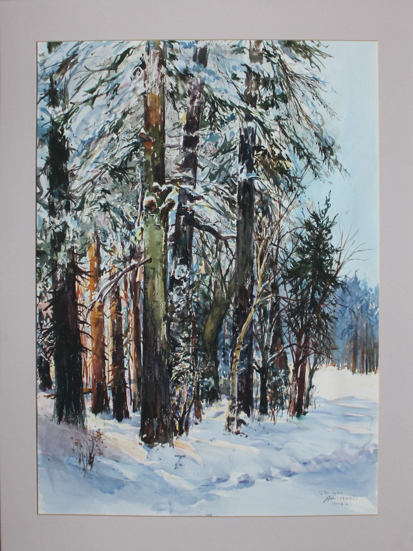 Winter landscape - XX Century, Watercolor Painting, Realistic View of Woods - Art by Dariusz Aniszewski