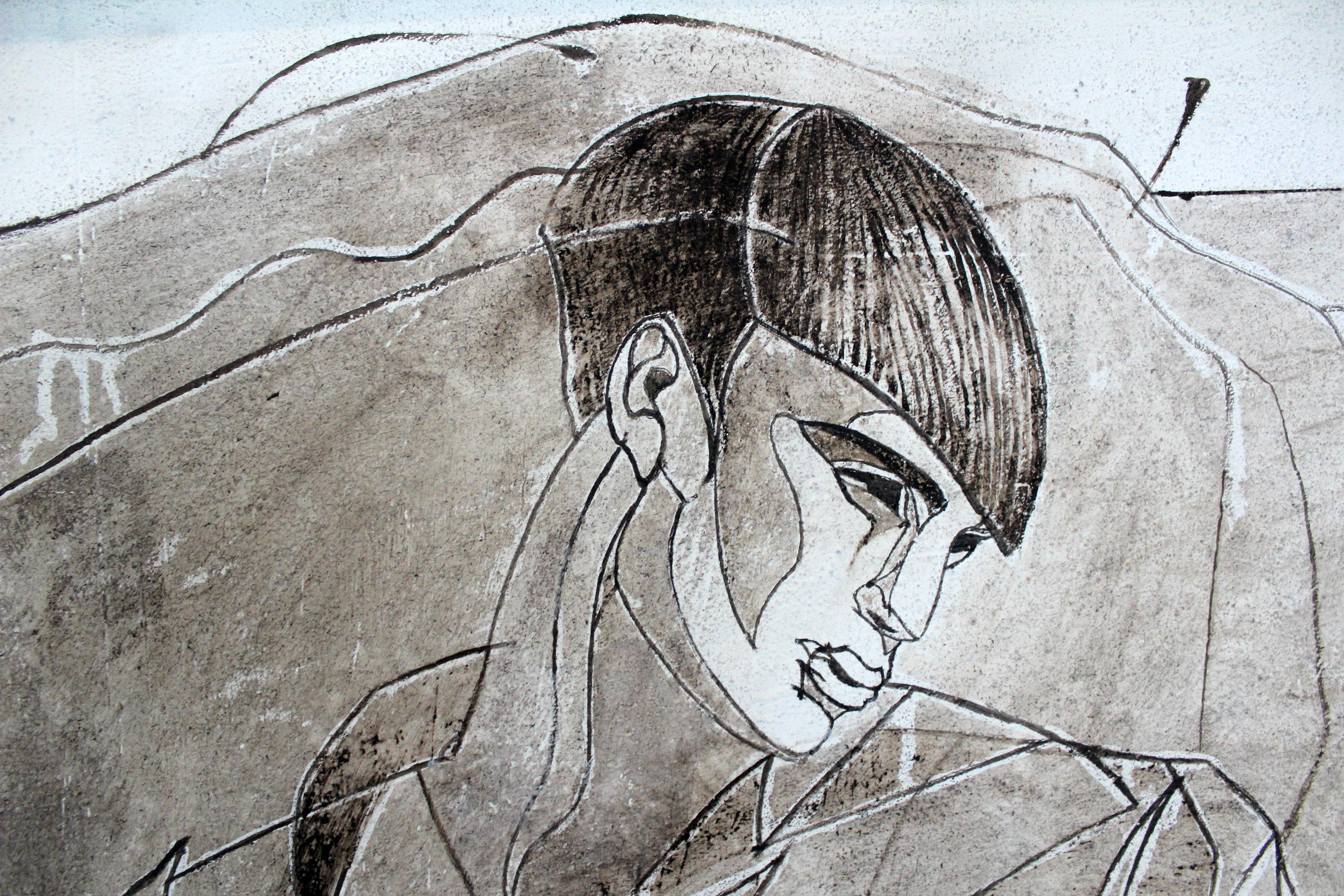 Due persone - XXI secolo, Pittura figurativa a guazzo, - Portrait Painting Grigio di Agata Stomma