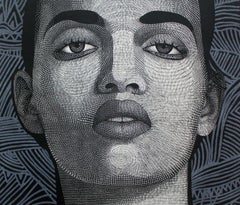 No. 1.2 - XXI Century Contemporary Linocut Print Portrait Ornamental Background