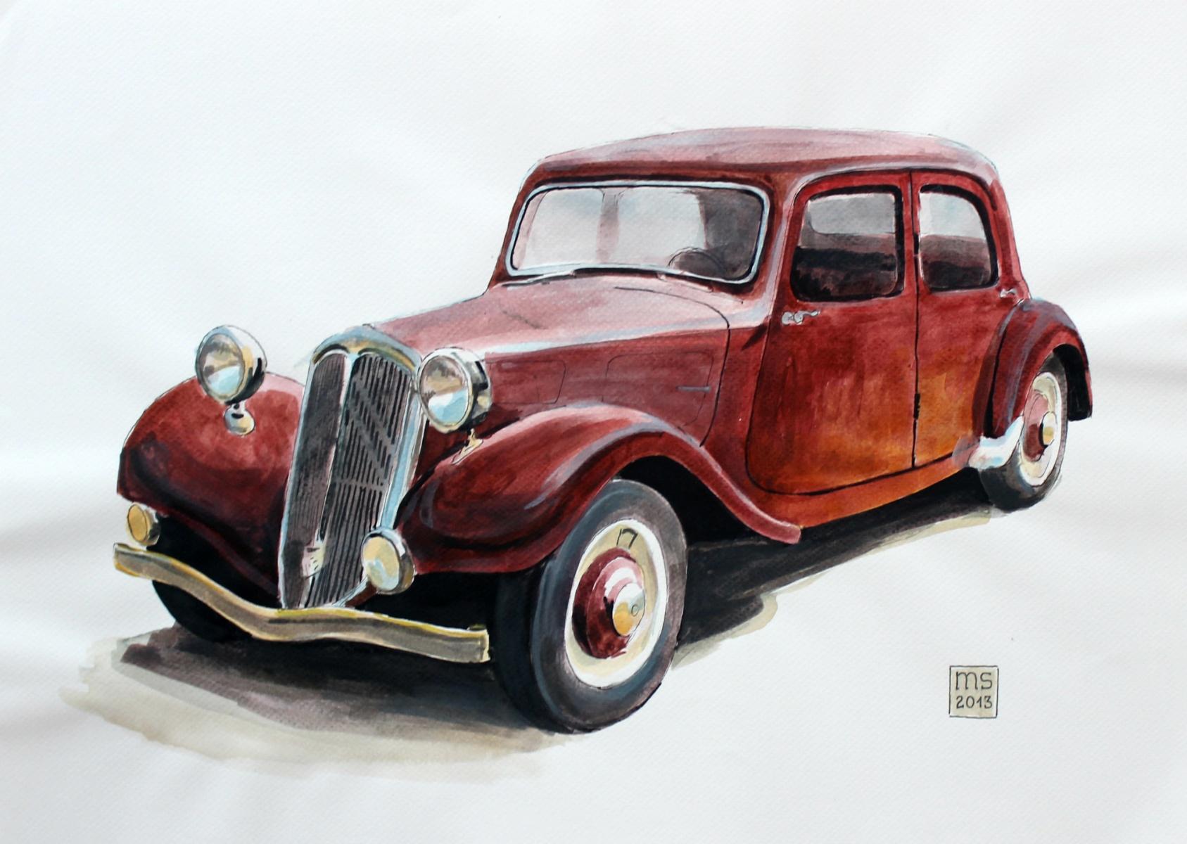 Citroen 15CV - Contemporary Watercolor & Ink Painting, Vintage Car, Realistic