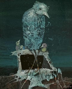 Birds - Figurative gouache painting, Surrealism, Dark tones, Navy blue