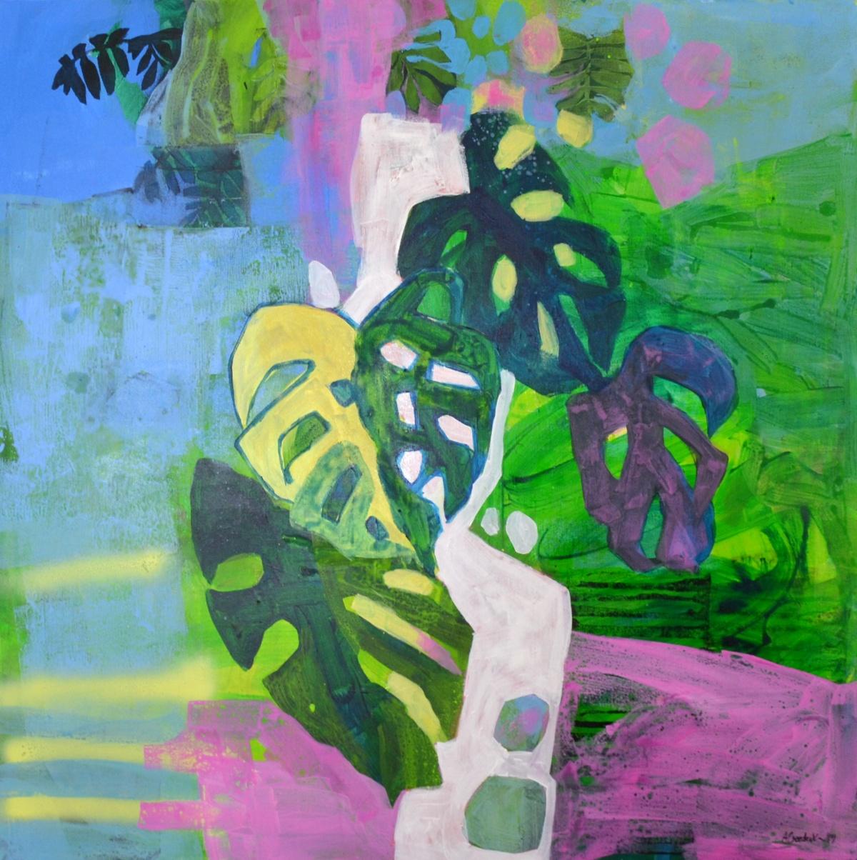 A composition with monstera -  Contempory abstraction, Acrylics, Bright colors