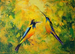 Gardens of Delight VIII - XXI century figurative oil painting, Birds, Colorful