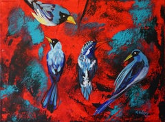 Gardens of Delight VII - XXI century figurative oil painting, Birds, Colorful