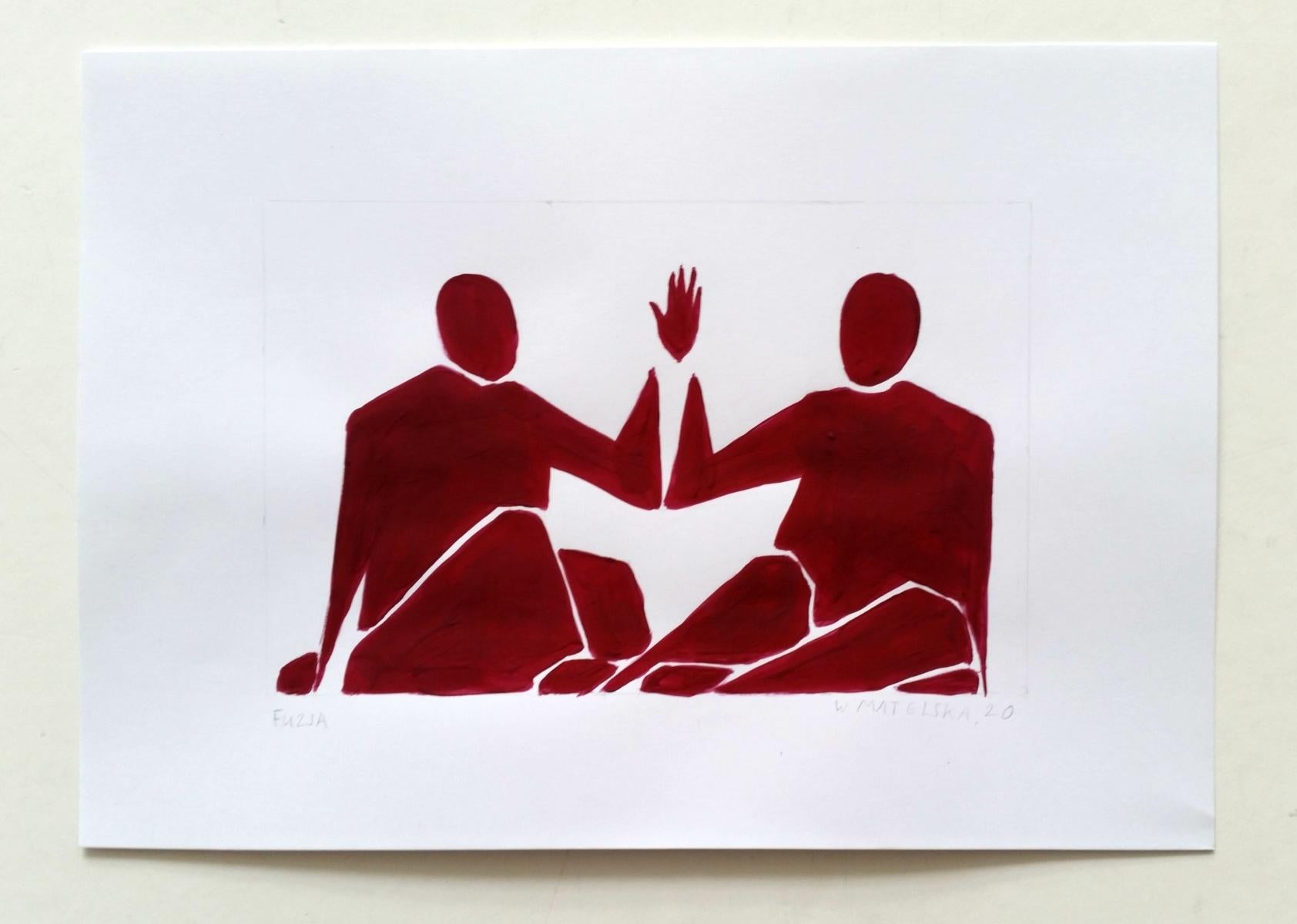 Una fusione - Pittura acrilica figurativa su carta, Rosso vibrante, Astrazione - Painting di Waleria Matelska