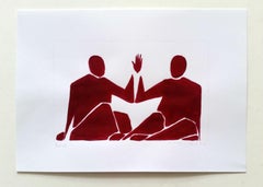 Una fusión - Pintura acrílica figurativa sobre papel, Rojo vibrante, Abstracción