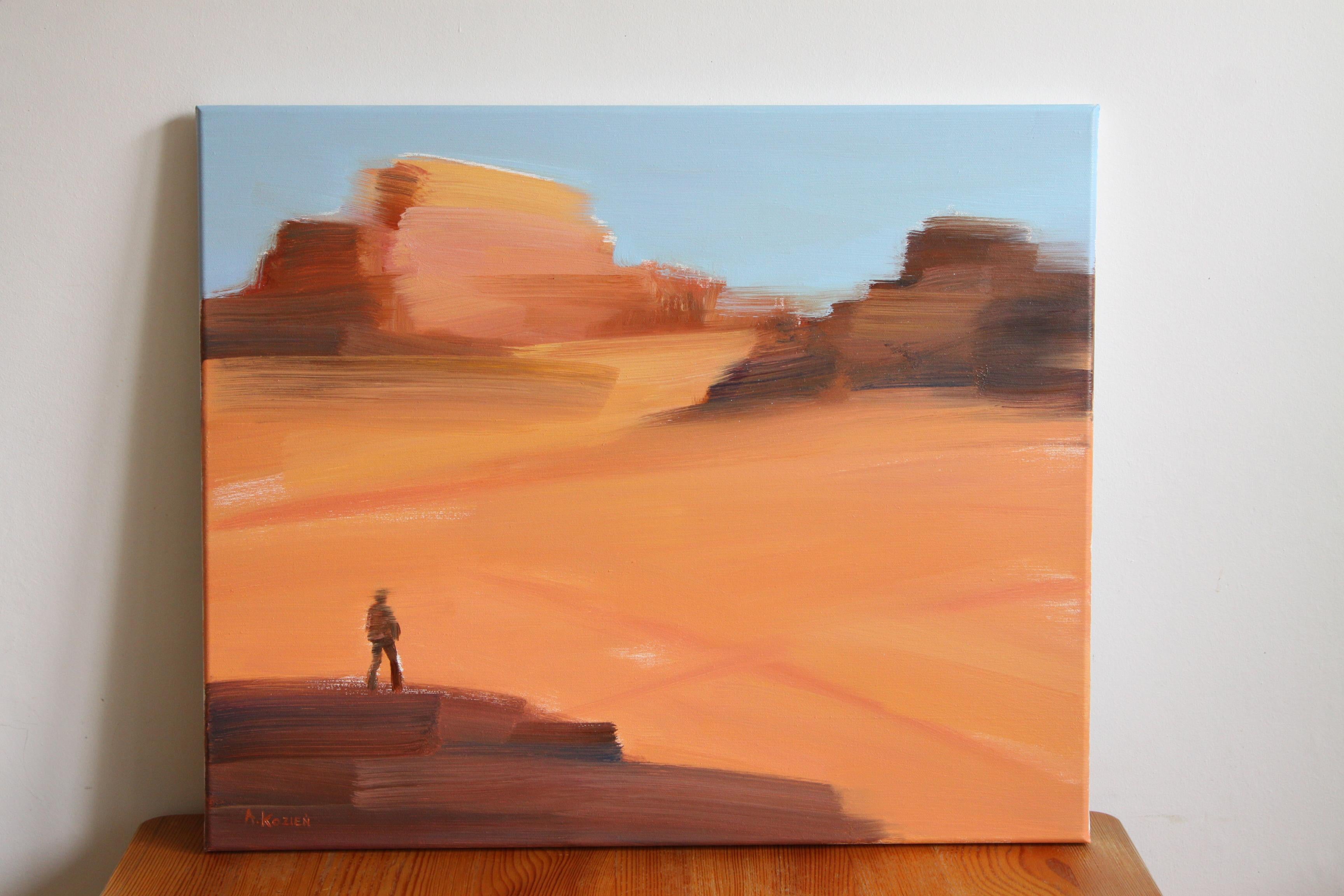 On the desert VII - Oil on canvas, Figurative painting, Landscape, Warm tones - Painting by Agnieszka Kozień