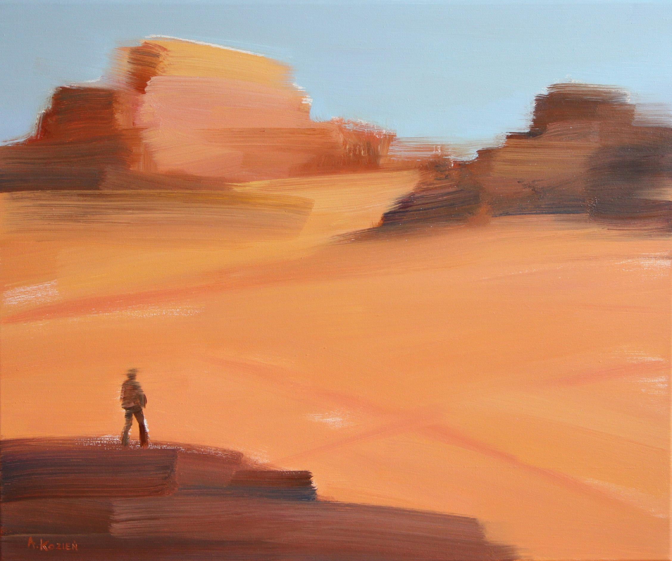 Agnieszka Kozień Landscape Painting - On the desert VII - Oil on canvas, Figurative painting, Landscape, Warm tones