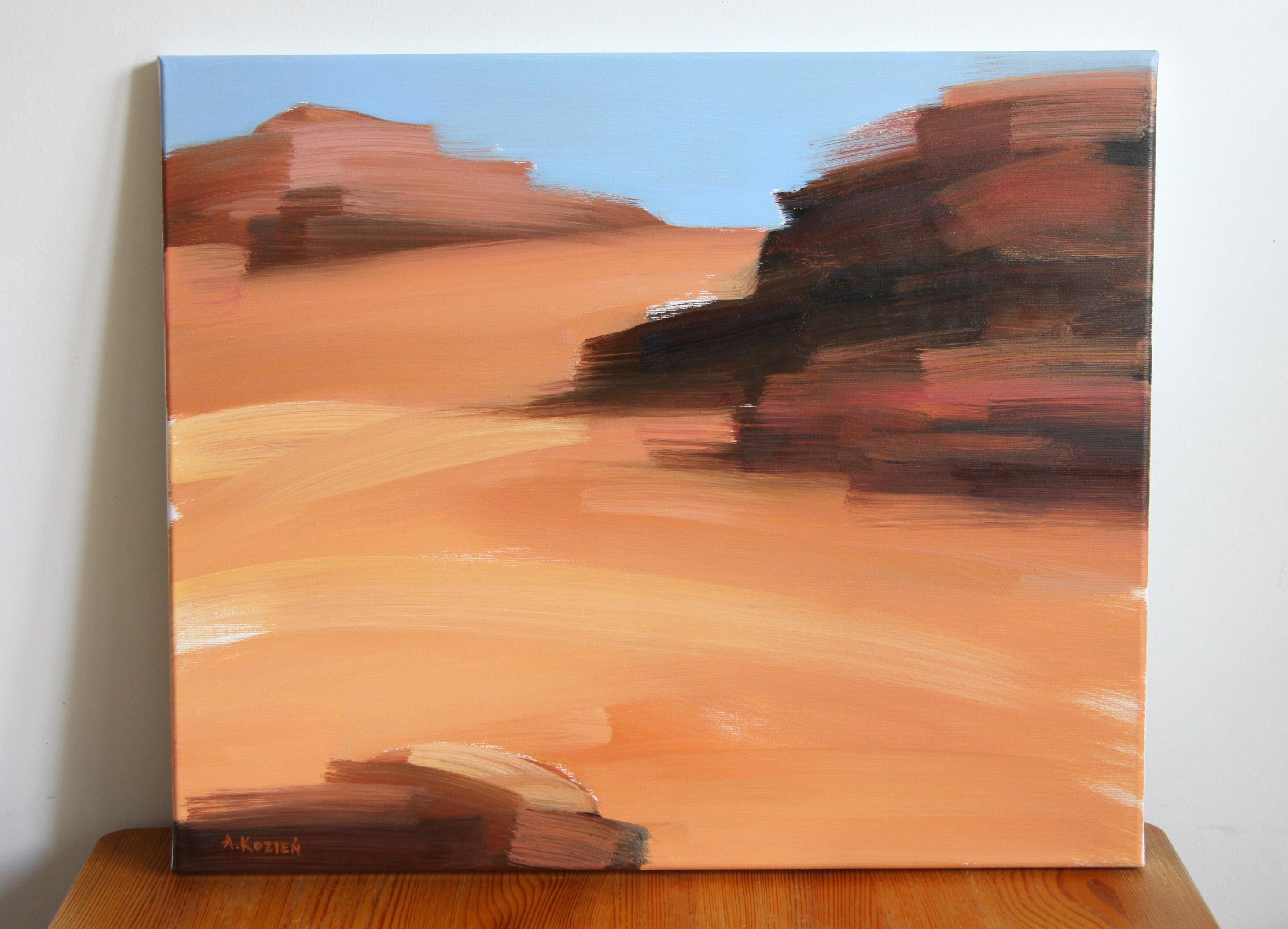 On the desert VIII - Oil on canvas, Figurative painting, Landscape, Warm tones - Painting by Agnieszka Kozień