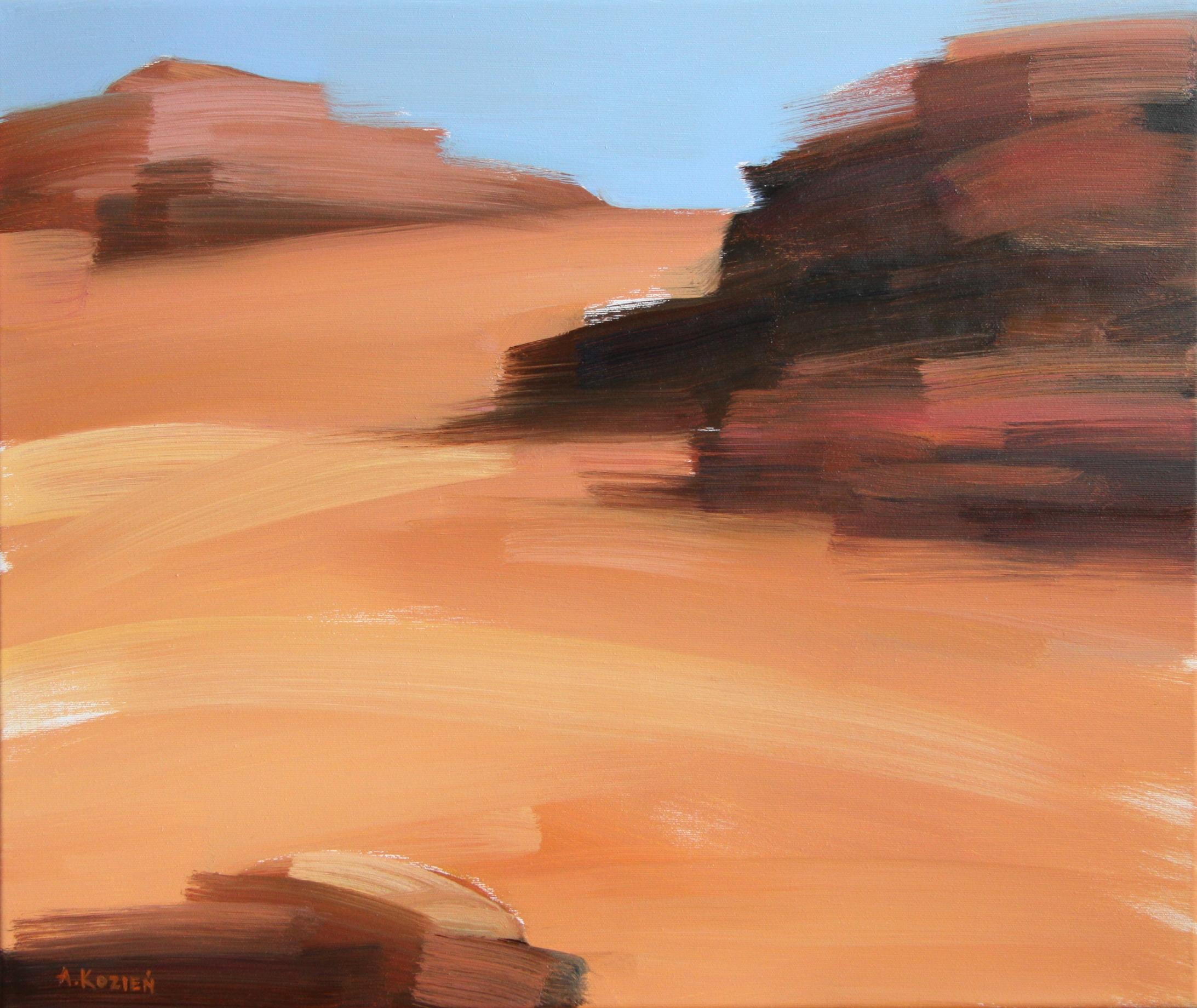 Agnieszka Kozień Landscape Painting - On the desert VIII - Oil on canvas, Figurative painting, Landscape, Warm tones