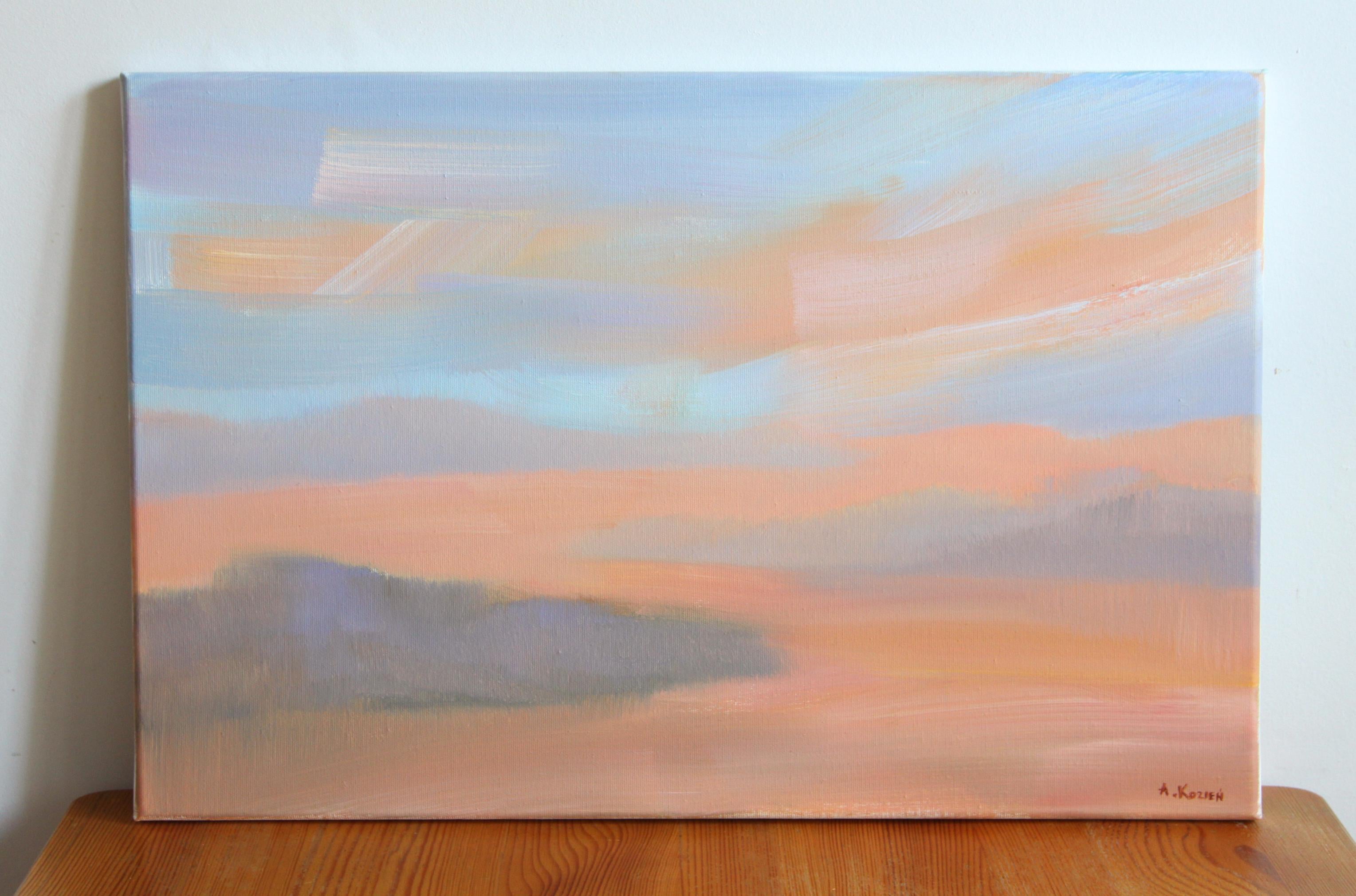 Dusk on the desert I - Oil on canvas, Figurative painting, Landscape, Warm tones - Painting by Agnieszka Kozień