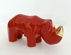 Red rhino - XXI century, Figurative animal sculpture, Ceramic, Pop art
