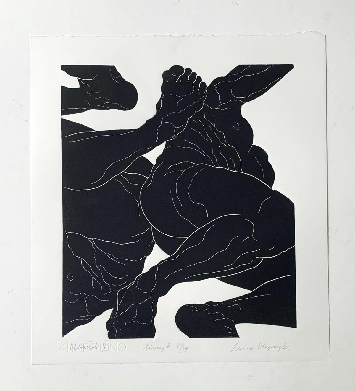 Configuration II - Young artist, Figurative print, Linocut, Black & white - Print by Luiza Kasprzyk