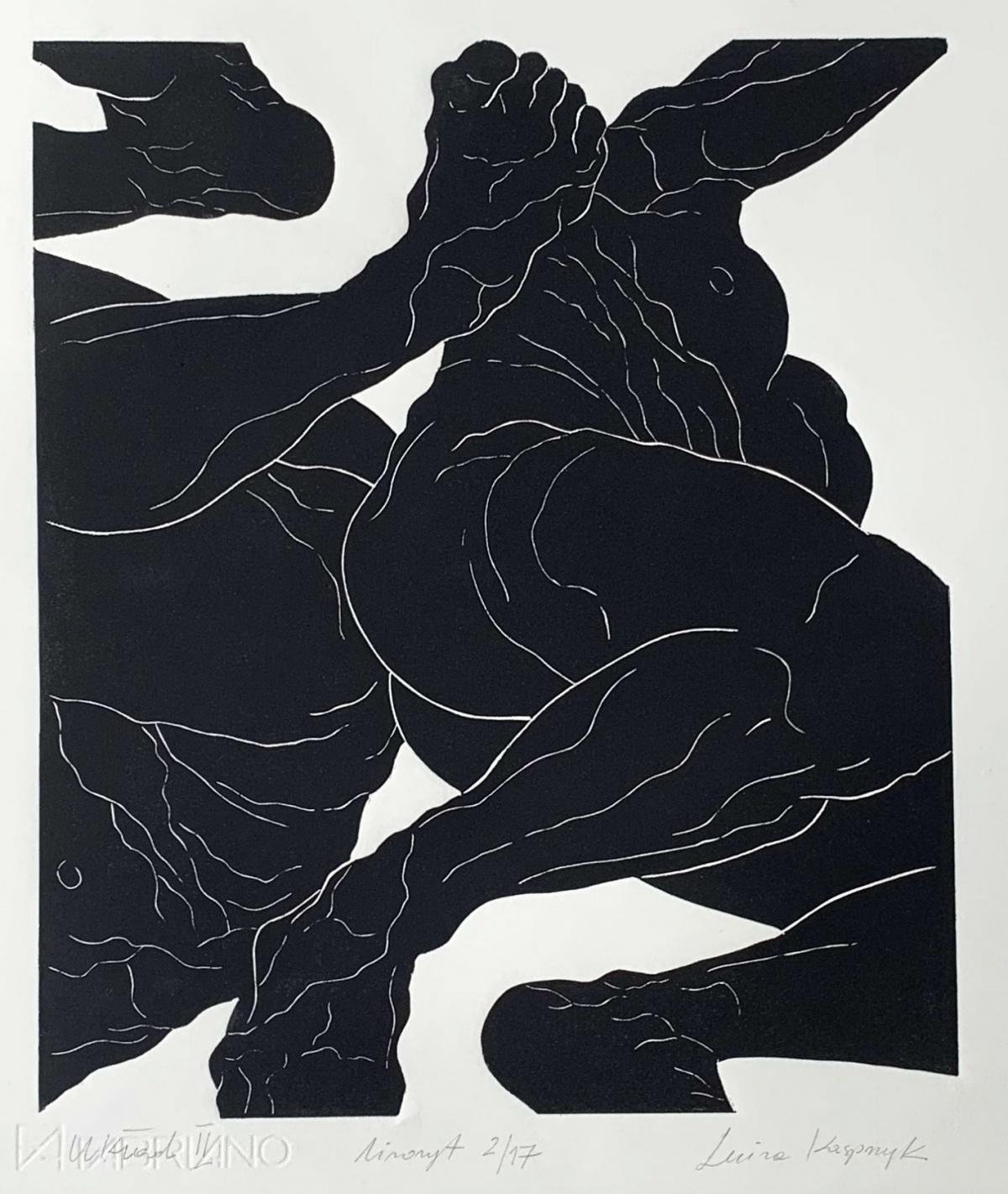 Configuration II - Young artist, Figurative print, Linocut, Black & white - Contemporary Print by Luiza Kasprzyk