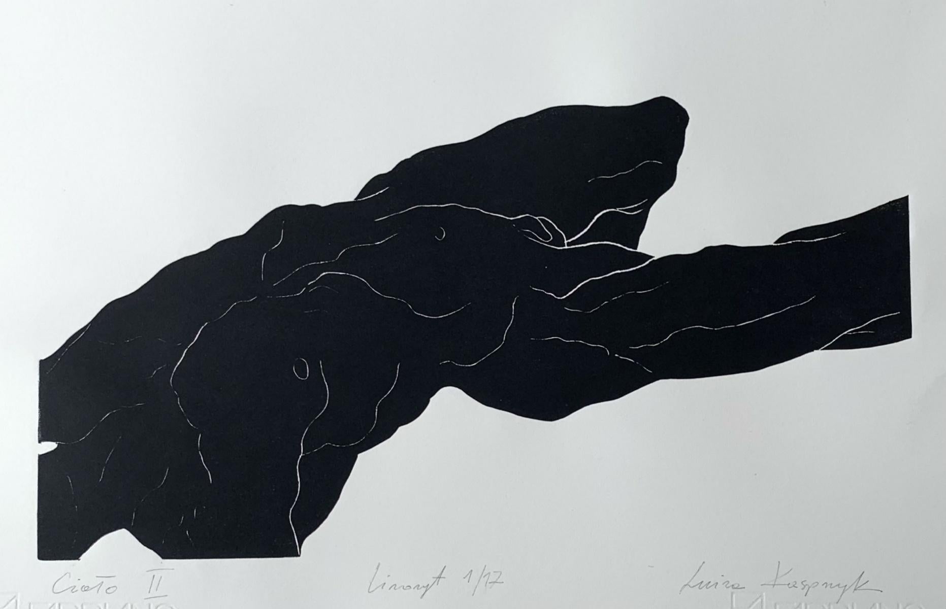 Cuerpo II - Artista joven, Grabado figurativo, Linograbado, Blanco y negro - Print Contemporáneo de Luiza Kasprzyk