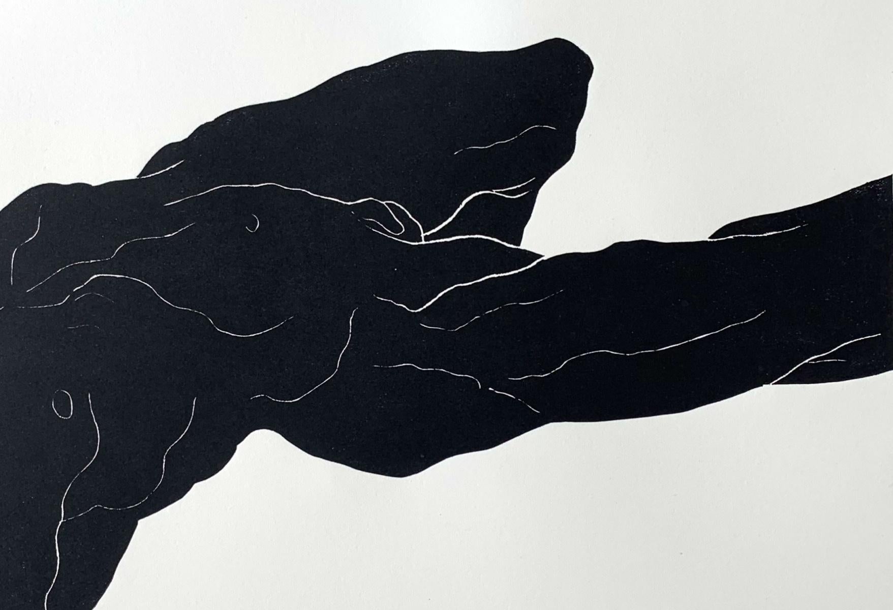 Cuerpo II - Artista joven, Grabado figurativo, Linograbado, Blanco y negro - Figurative Print Gris de Luiza Kasprzyk