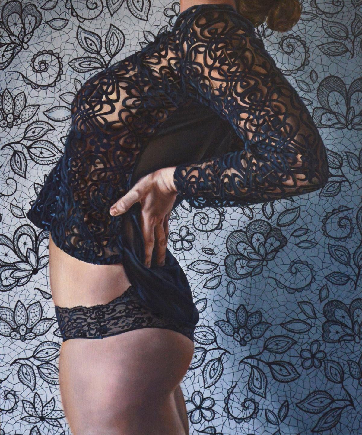 Aleksandra Kalisz Figurative Painting – Würden Sie das auch? - Polnische junge Kunst, Realismus, fotorealistisches Ölgemälde, Junge Frau