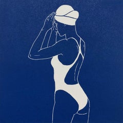 Swimmer III - Monochromatic Figurative Linocut Print, Woman, Blue