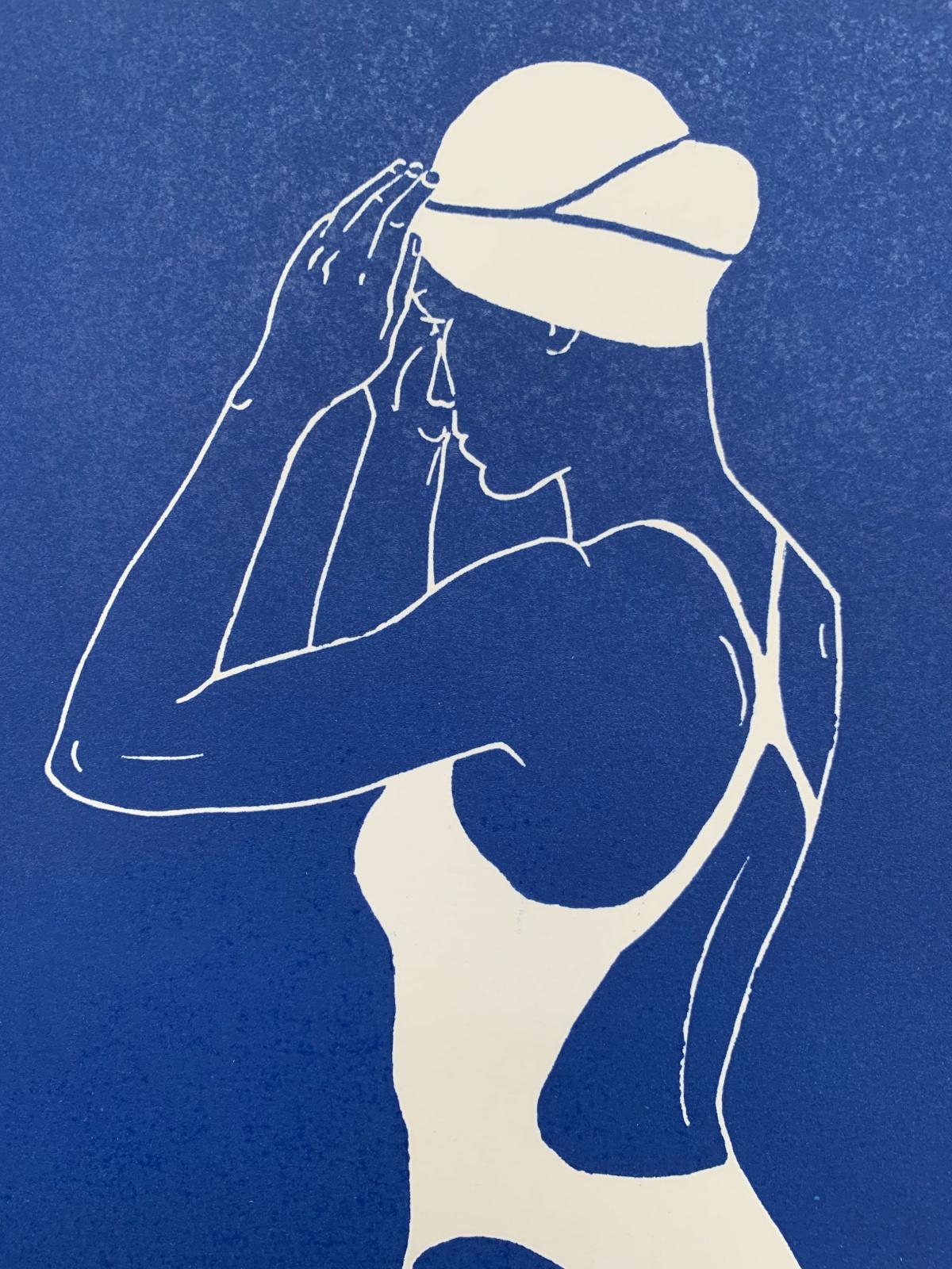 Swimmer III - Monochromatic Figurative Linocut Print, Woman, Blue 1
