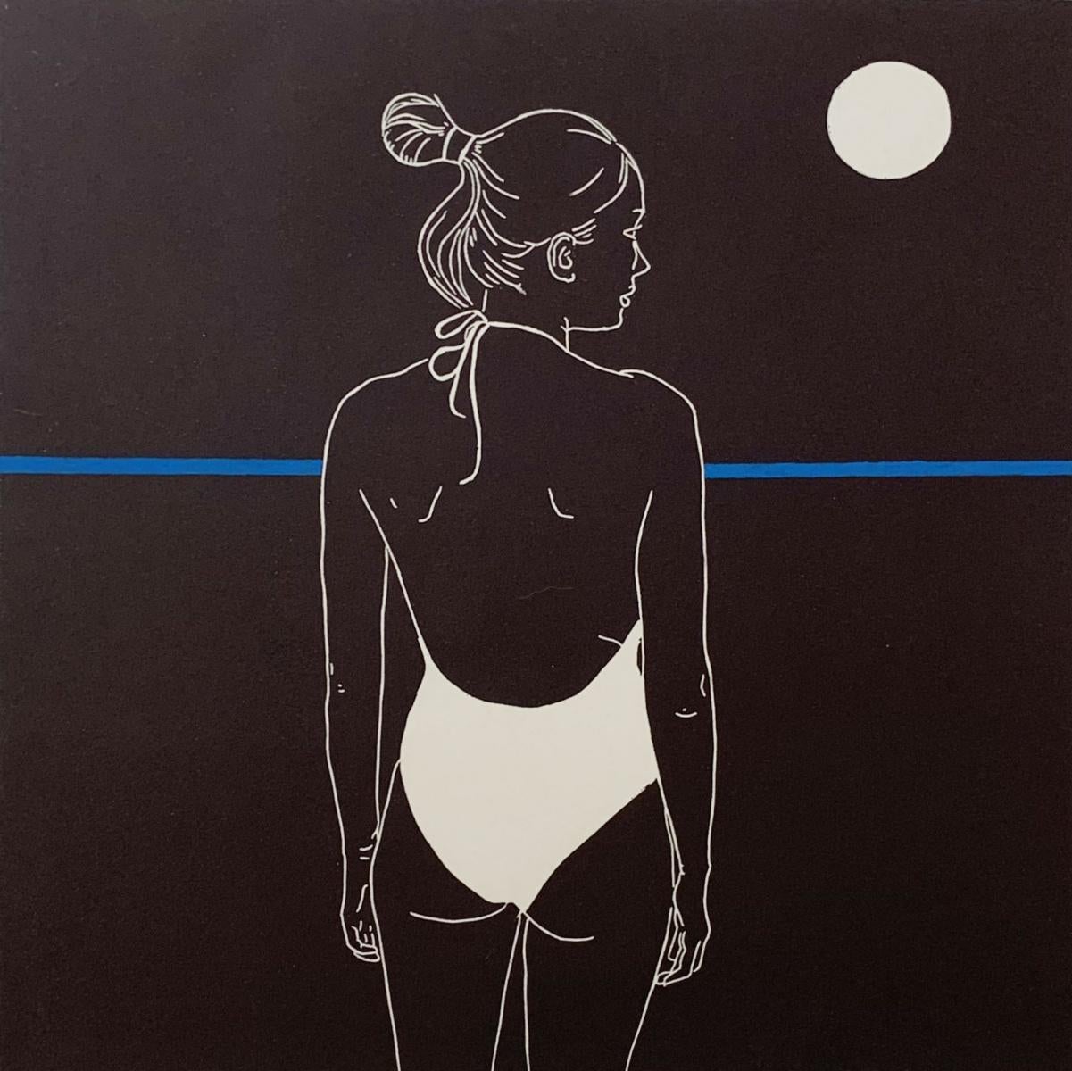Agnieszka Borkowska Figurative Print - The moon mood - Monochromatic Figurative Linocut Print, Woman, Blue