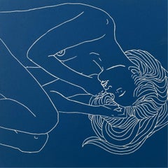 Out of her hair - Monochromatic Figurative Linocut Print, Woman, Blue